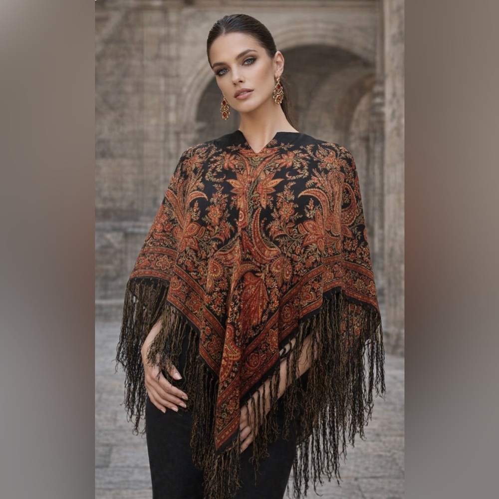 Rare Vintage Y2K Forever 21 Silk Paisley Fringe Poncho | Boho Stevie Nicks OS